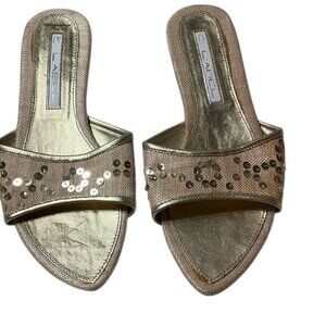 C Label Gold Sequin Slide Sandals Size 6.5 Pointed Toe Slip On